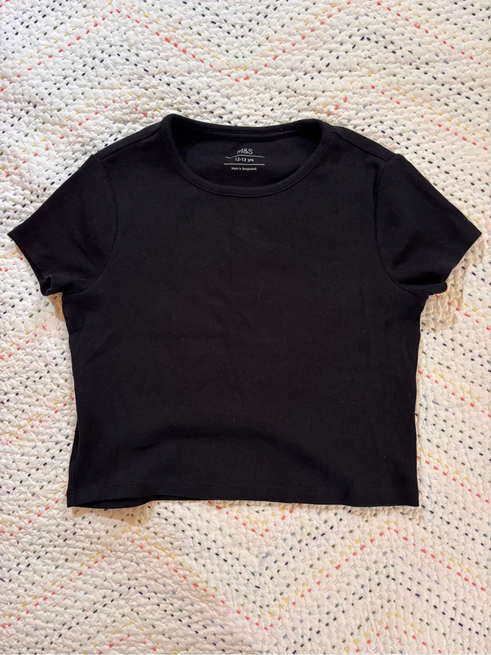 Marks & Spencer Cropped Black Ribbed Short Sleeve Tee - Kids